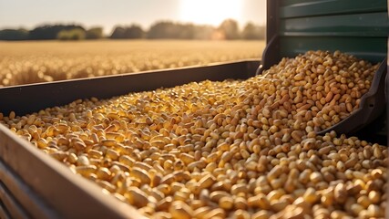 A close-up view of a harvester filling a container trailer with freshly harvested corn, maize seeds, or soybeans in the afternoon sun. notion of agriculture.