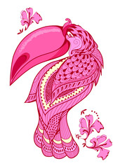Fantasy illustration of rose toucan. Fairyland exotic bird. Stylized print for badge, logo, label, icon, t-shirt, tattoo. Abstract decoration. Hand drawn vector. Flat cartoon drawing.