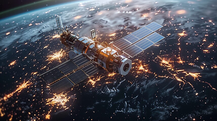 Datum hologram information for online and internet connection and gps space orbit services banner,...