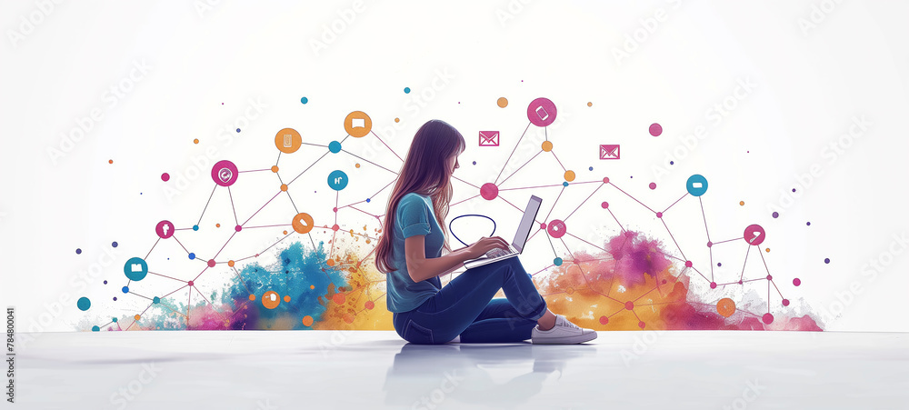 Aufkleber internet network connection, big data, digital marketing nternet of things. woman using mobile phone