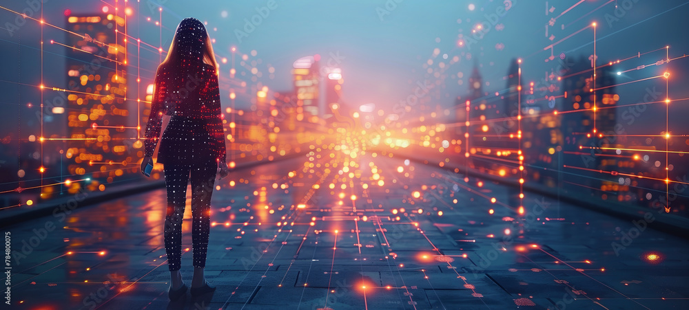 Aufkleber Internet network connection, big data, digital marketing nternet of things. Woman using mobile phone and laptop computer surfing internet, innovative technology, Digital technology,