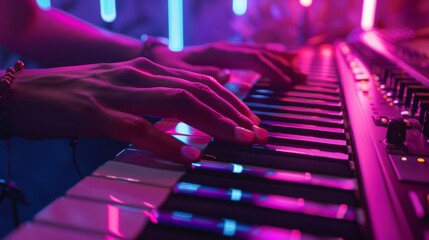 DJ mixing music at the party with hands on the keyboard, neon style, purple theme