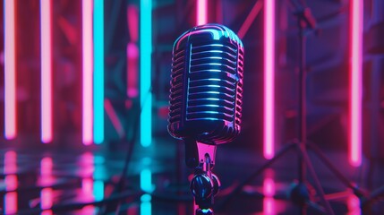 Fototapeta na wymiar A neon infused microphone capturing digital voices, background with glowing energy pattern, purple theme