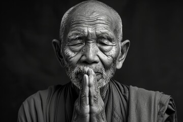 The old monk sits with his hands clasped together, Black and white style, Buddhism - obrazy, fototapety, plakaty