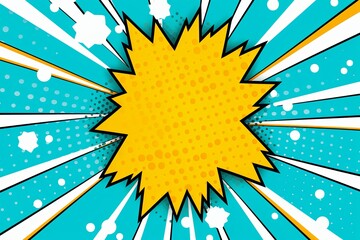 Cyan background with a white blank space in the middle depicting a cartoon explosion with yellow rays and stars. The style is comic book vector