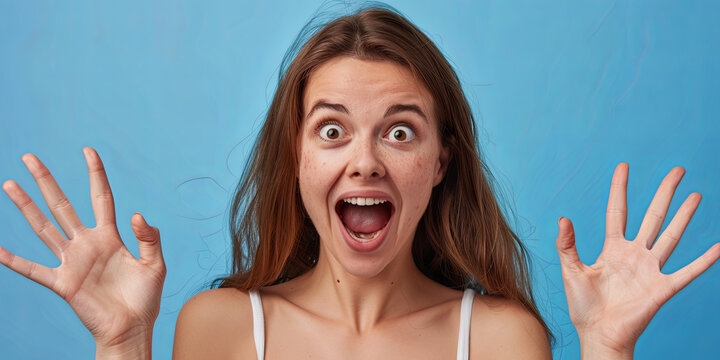 photo of excited woman with open mouth and wide eyes looking at camera, generative AI