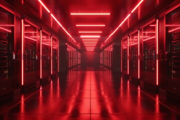 Futuristic Data Center with Red LED Lighting, High-Tech Server Room Infrastructure