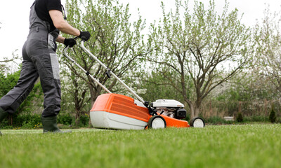 Professional gardener in protective apparel is mowing green grass lawn using modern gasoline cordless lawnmower at backyard. Seasonal landscaping design work. Blooming trees on background