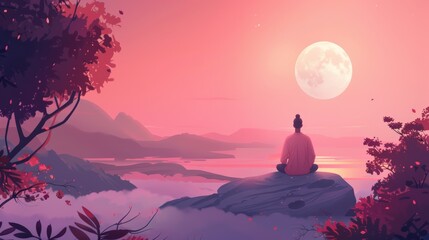 Person meditation admires moon on mountain, wallpaper illustration