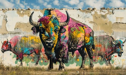 Graffiti of a bison herd on a plain wild strength, wallpaper, illustration - obrazy, fototapety, plakaty