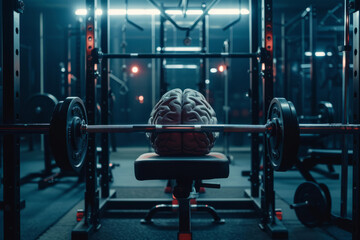 Fototapeta na wymiar A model of the human brain on an exercise bench in a gym with a barbell. Brain training theme 