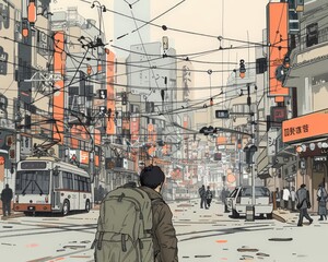 Obraz premium Silence in a bustling Asian city, illustration