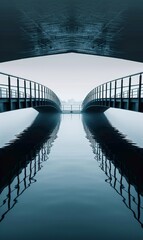 Minimalism of a bridge over water with a reflection, River Bridge with Sky and Water View, phone wallpaper illustration - obrazy, fototapety, plakaty