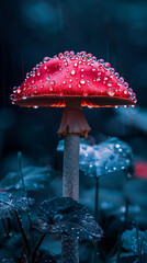 A red mushroom with raindrops on it