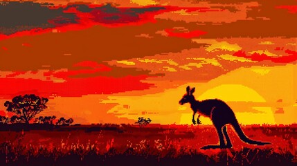 Pixel art of a kangaroo in an Australian sunset, illustration wallpaper