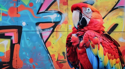 a macaw with a colorful graffiti wall backdrop