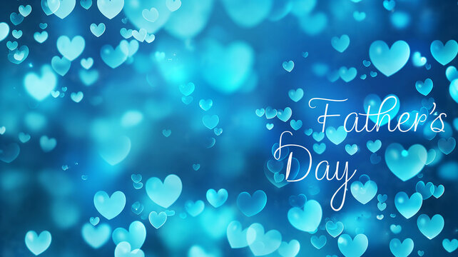 Father's Day greeting card, banner with blurred blue hearts background
