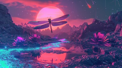 a neon dragonfly through sunset, landscape