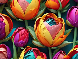 Fototapeta na wymiar Tulips pattern 3D quilling art Botanical card