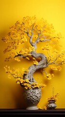 Ginkgo biloba relict tree, miniature style. Yellow leaves, yellow background. Bonsai. Chinese and Asian culture. Background, banner, poster, advertisement - obrazy, fototapety, plakaty