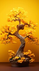 Ginkgo biloba relict tree, miniature style. Yellow leaves, yellow background. Bonsai. Chinese and Asian culture. Background, banner, poster, advertisement - obrazy, fototapety, plakaty