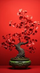 Ginkgo biloba relic tree in miniature style. Red leaves, red background. Bonsai. Chinese and Asian culture. Medicinal plants. Background, banner, poster, advertisement