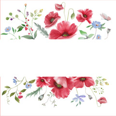 Watercolor floral frame with red poppies. Hand drawn illustration isolated on white background. Vector EPS.