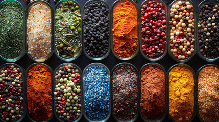 The palette of different food spices Macro