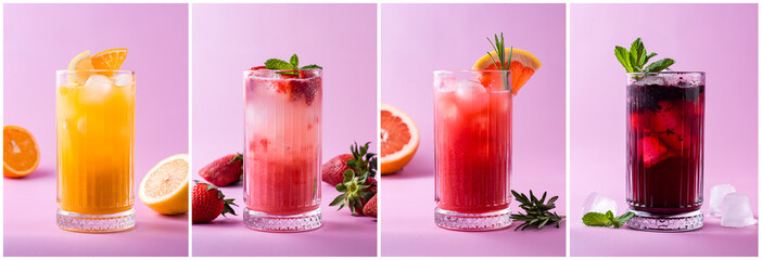 set of summer cold cocktails with orange, strawberry, grapefruit and berries on a pink background, natural lemonades with fruits and soda