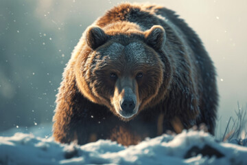 Obraz premium Brown bear walking in a snowy field, beautiful lighting with space for text or inscriptions, looking at the camera 