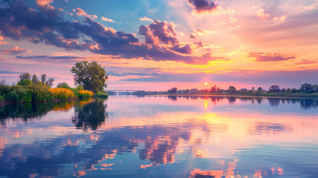 Tranquil river scene at sunset with colorful