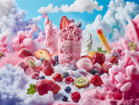 Le paradis du yaourt glacé au fruit rouge : photomontage marketing d'une coupe de yaourt glacé à la myrtille, fraise ou framboise dans un ciel rempli de fruits frais