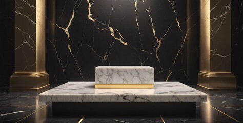  Elegant podium in a grand hall. A photorealistic image of a white marble podium with gold trim, standing in front of a black marble wall with two gold columns on either side.
