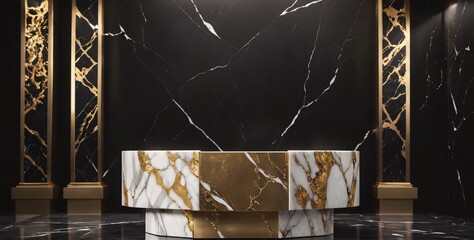 Elegant podium in a grand hall. A photorealistic image of a white marble podium with gold trim, standing in front of a black marble wall with .