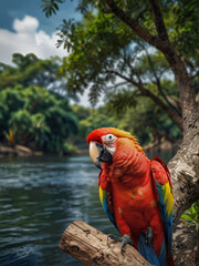 A large multi-colored Makau parrot, sitting on a tree branch by the lake