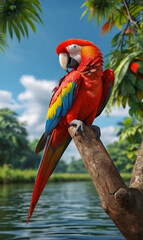 A large multi-colored Makau parrot, sitting on a tree branch by the lake