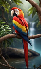 A large multi-colored Makau parrot, sitting on a tree branch by the lake