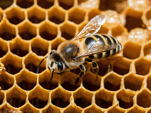 Abeja en el panal, vista de arriba, producción de miel