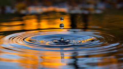 Close-up of a water drop rebounding on a golden-hued water surface: close up of a golden water drop bouncing and creating vibrant concentric circles and ripples on the liquid surface