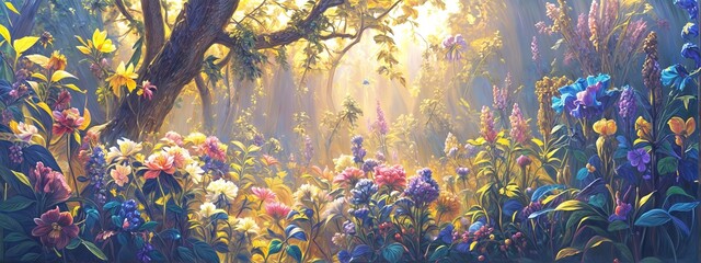 Impressionist Floral Landscapes, ethereal light, with a focus on blooming flowers and a sense of depth created by the play of light and shadow. Postcard, banner, poster - obrazy, fototapety, plakaty