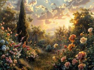 Fototapeta na wymiar The painting depicts a tranquil, lush garden path surrounded by an abundance of blooming flowers, a sunset in the distance. Mother's Day, banner, postcard, poster, background