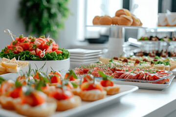 Catering in the office.Table with canapes and various snacks close up, selective focus
