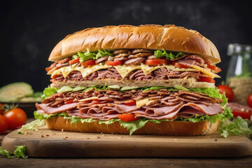 Advertising image of a huge delicious long sandwich with meat on a wooden board. A giant multi-layered very filling burger, meat, cheese, sausage, pickles, lettuce and tomatoes.