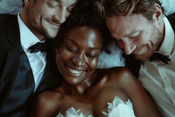 The concept of a threesome. A woman and two men in love. An African woman in a wedding dress and two men in suits in the same bed. Polygamy or bigamy. - obrazy, fototapety, plakaty