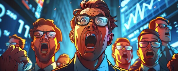 Cartoonish depiction of animated traders with expressive faces as they react to a sudden jump in gold prices, vibrant colors, text space below - obrazy, fototapety, plakaty