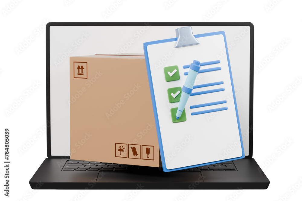 Poster 3d laptop computer device with checklist and cardboard box or parcel box icon. isolated on white bac