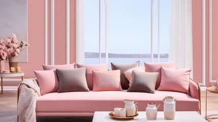 pink sofa in living room with large cushions UHD Wallpaper