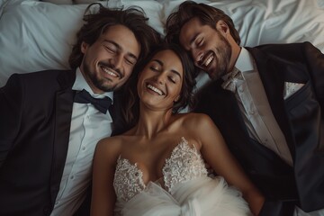 The concept of a threesome. A woman and two men in love. A woman in a wedding dress and two men in suits in the same bed. Polygamy or bigamy.