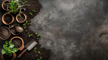 Pots with plants and gardening instruments on fresh soil background, copy space.