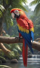 A large multi-colored Makau parrot, sitting on a tree branch by the lake